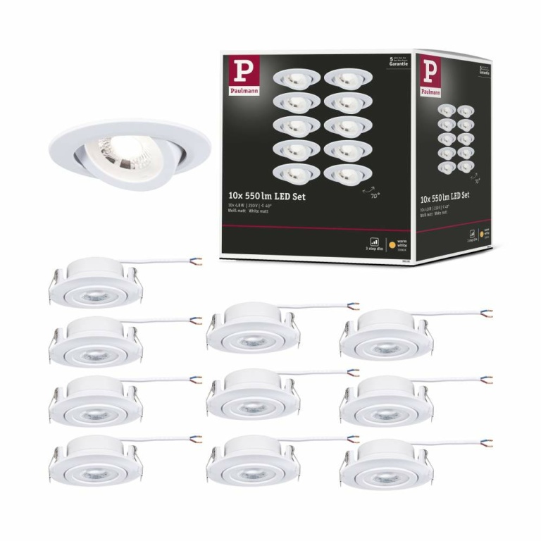 Paulmann LED Einbauleuchte 10er-Pack 3-Step-Dim schwenkbar rund 82mm 4,8W 450lm dimmbar 3000K Weiß matt 230V