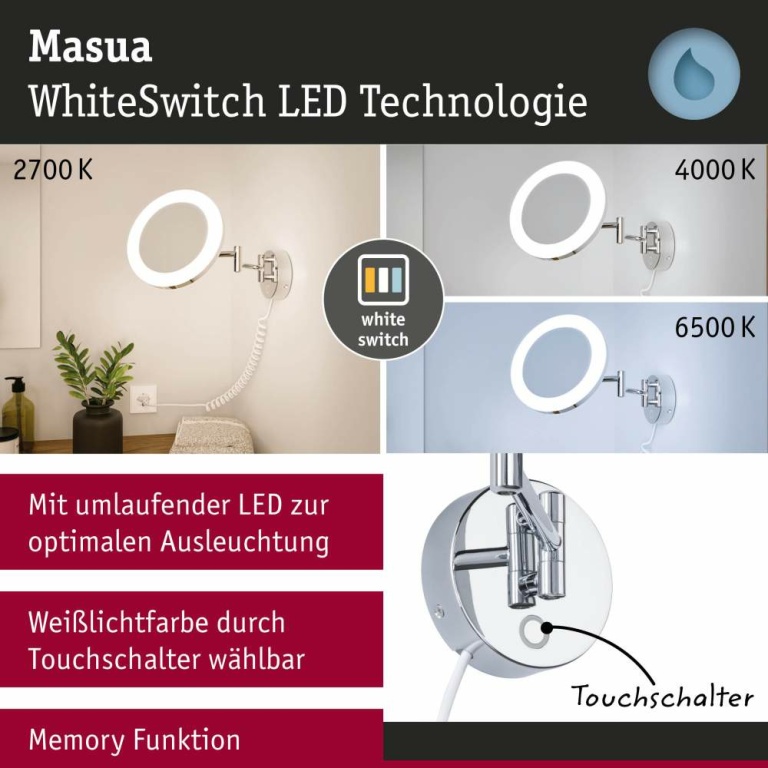 Paulmann LED Kosmetikspiegel Masua  IP44  White Switch 55lm 230V 4W  Chrom