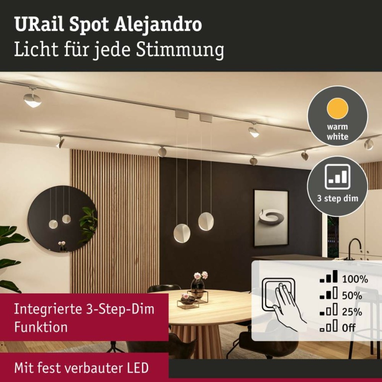 Paulmann URail LED Schienenspot Alejandro 10W 800lm 3000K 3-Step-Dim dimmbar Chrom matt (LED fest verbaut)