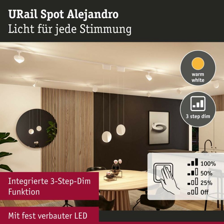 Paulmann URail LED Schienenspot 3-Step-Dim Alejandro  800lm 10W 3000K dimmbar 230V Signalweiß