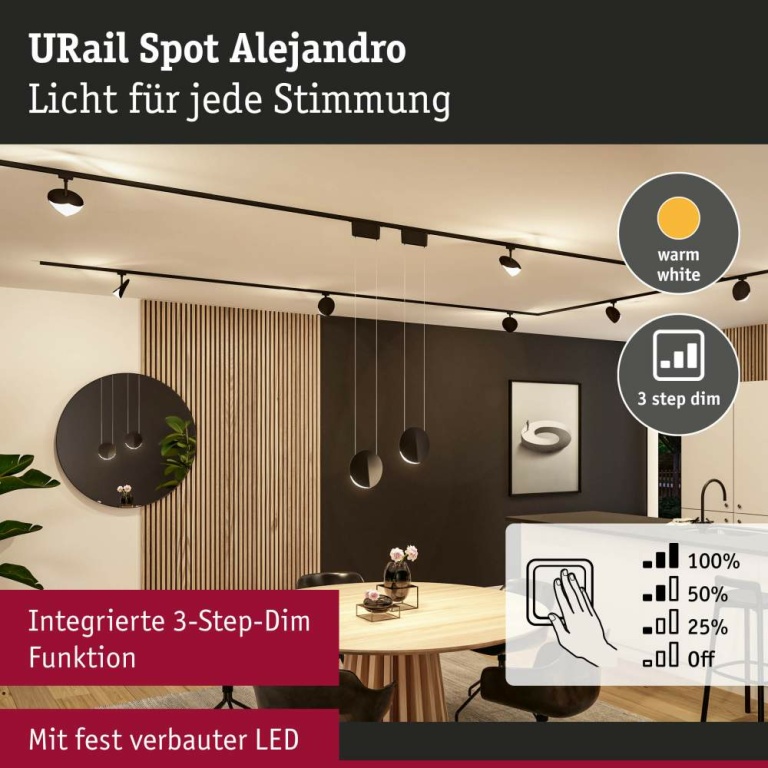 Paulmann URail LED Schienenspot Alejandro 10W 800lm 3000K 3-Step-Dim dimmbar Schwarz matt (LED fest verbaut)