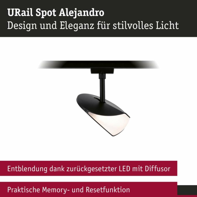 Paulmann URail LED Schienenspot Alejandro 10W 800lm 3000K 3-Step-Dim dimmbar Schwarz matt (LED fest verbaut)