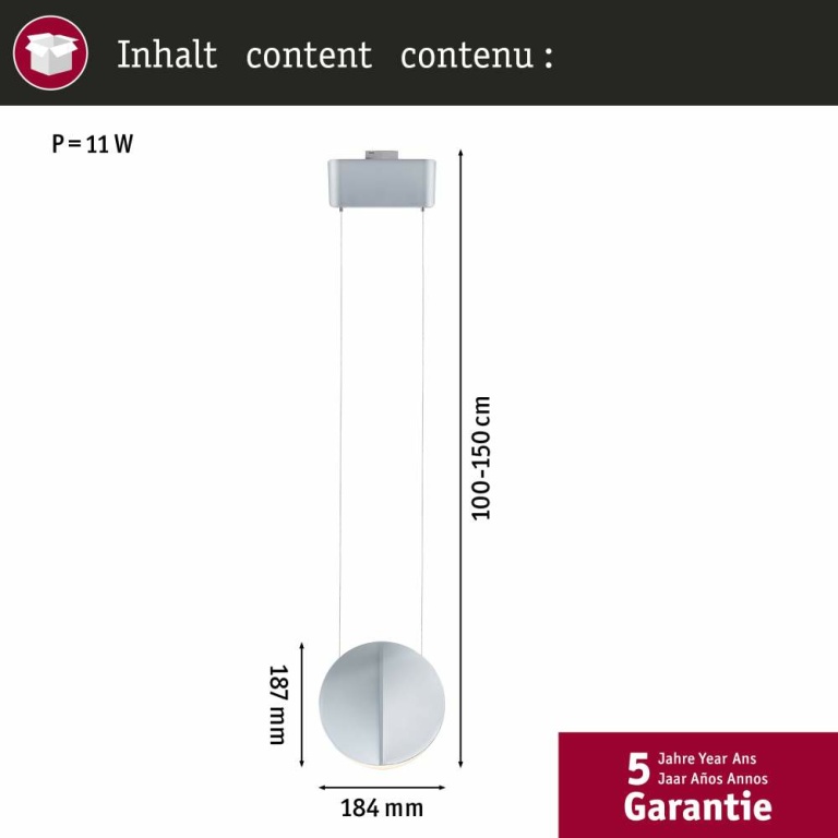 Paulmann URail LED-Pendelleuchte Alejandro 10W 800lm 3000K 3-Step-Dim dimmbar Chrom matt (LED fest verbaut)