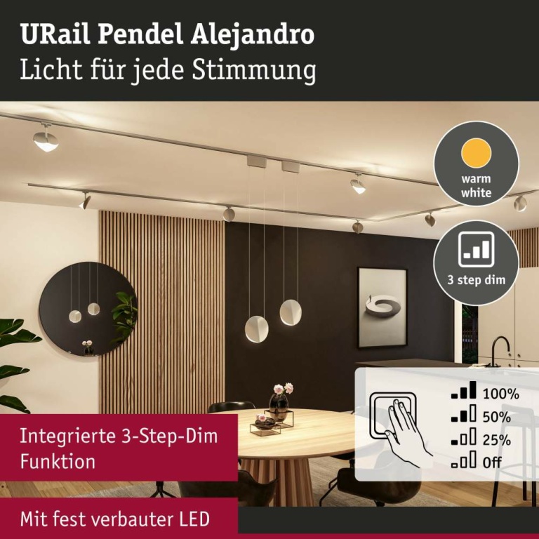 Paulmann URail LED-Pendelleuchte Alejandro 10W 800lm 3000K 3-Step-Dim dimmbar Chrom matt (LED fest verbaut)