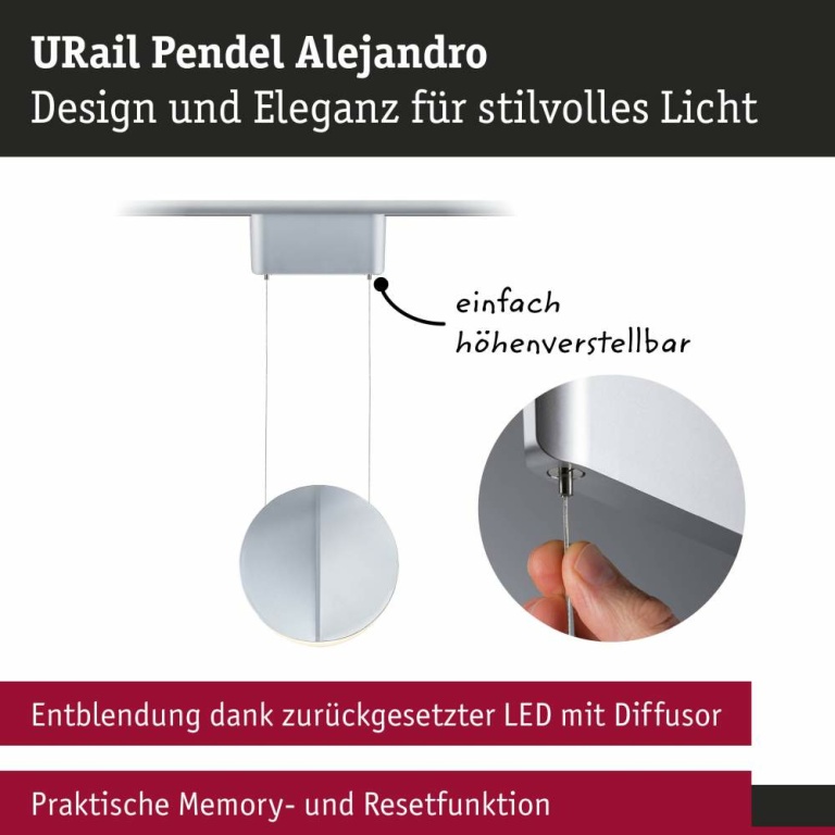 Paulmann URail LED-Pendelleuchte Alejandro 10W 800lm 3000K 3-Step-Dim dimmbar Chrom matt (LED fest verbaut)