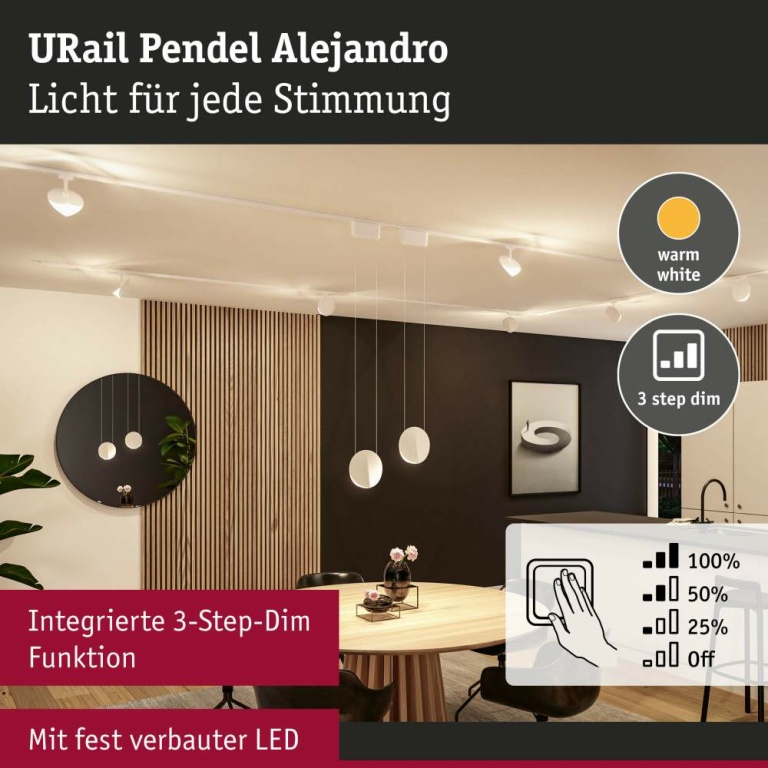 Paulmann URail LED Pendel 3-Step-Dim Alejandro  800lm 10W 3000K dimmbar 230V Signalweiß