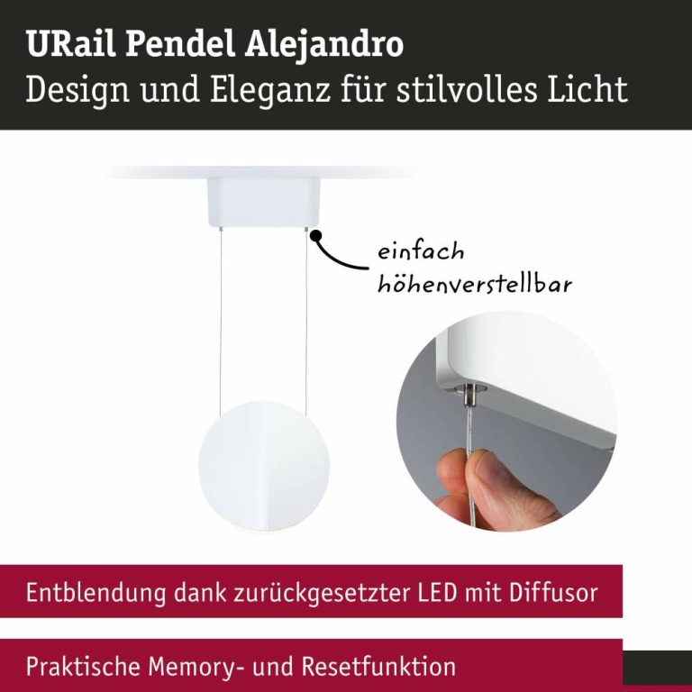 Paulmann URail LED Pendel 3-Step-Dim Alejandro  800lm 10W 3000K dimmbar 230V Signalweiß