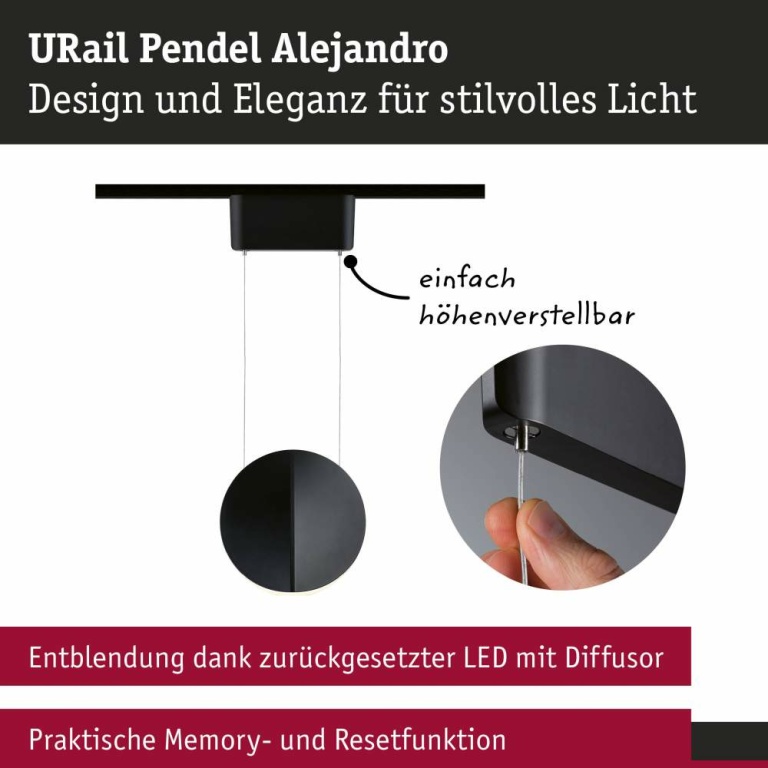 Paulmann URail LED-Pendelleuchte Alejandro 10W 800lm 3000K 3-Step-Dim dimmbar Schwarz matt (LED fest verbaut)