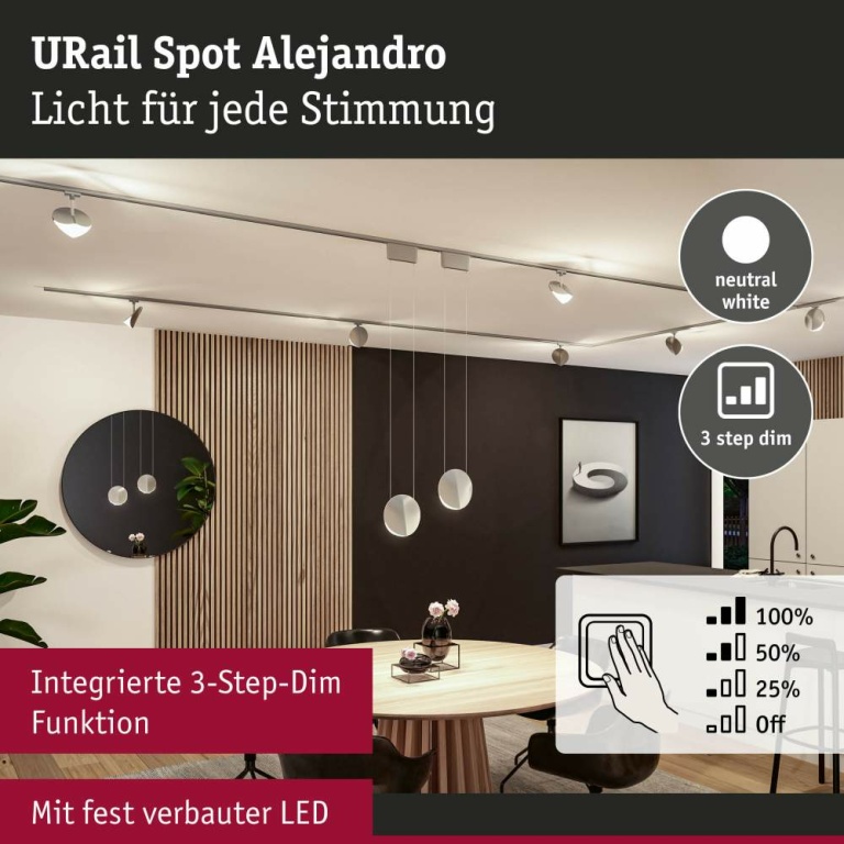 Paulmann URail LED Schienenspot Alejandro 10W 800lm 4000K 3-Step-Dim dimmbar Chrom matt (LED fest verbaut)