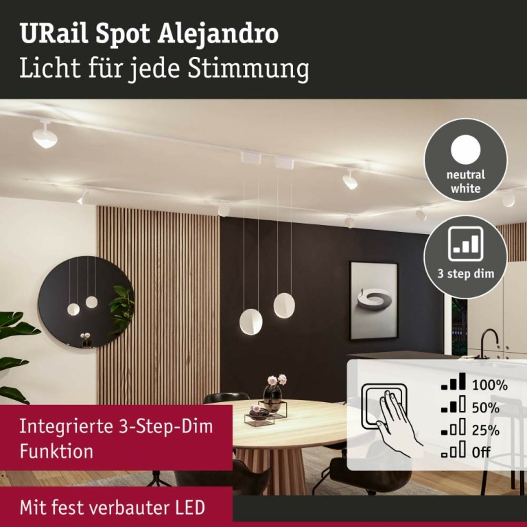 Paulmann URail LED Schienenspot 3-Step-Dim Alejandro  800lm 10W 4000K dimmbar 230V Signalweiß