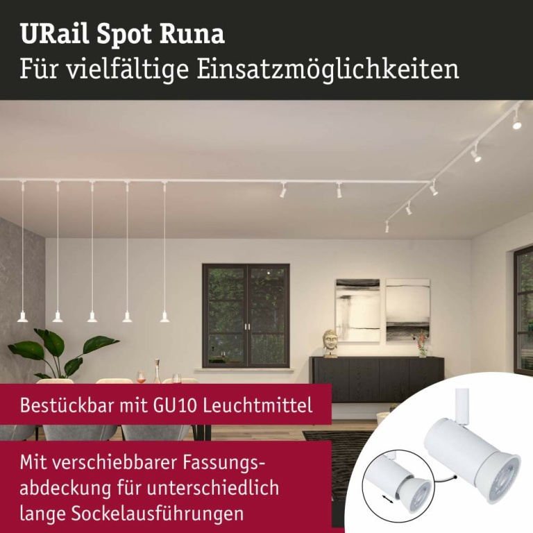 Paulmann URail Schienenspot Runa   GU10  max. 10W  dimmbar 230V Signalweiß