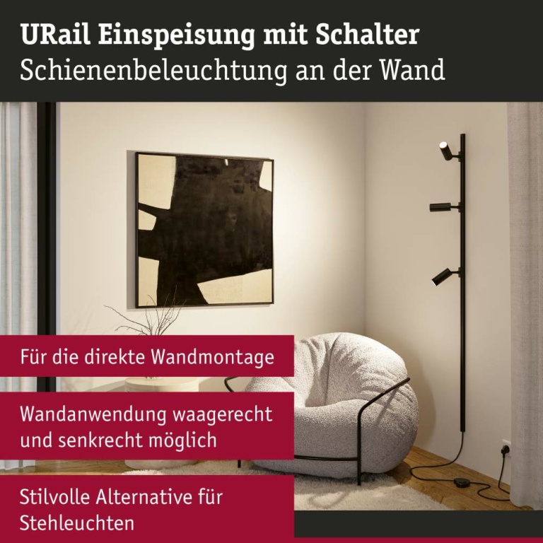 Paulmann URail Einspeisung Kabel mit Schalter   2m max. 1000W Schwarz matt