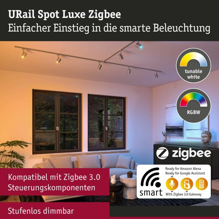 Paulmann URail LED Schienenspot Luxe GU10 350lm 4,8W Smart Home Zigbee 3.0 RGBW+ dimmbar Chrom matt