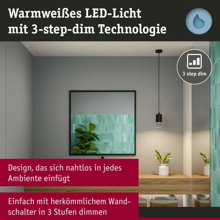 Paulmann LED Pendelleuchte Kame Klar Signalschwarz 9W 3000K 3-Step-Dim IP44