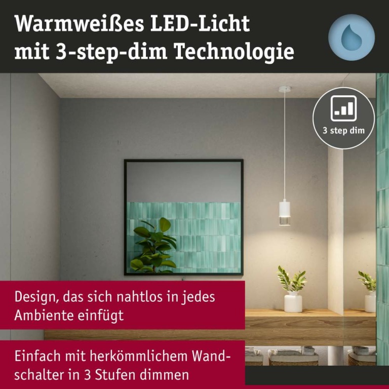 Paulmann LED Pendelleuchte Kame Klar Signalweiß 9W 3000K 3-Step-Dim IP44