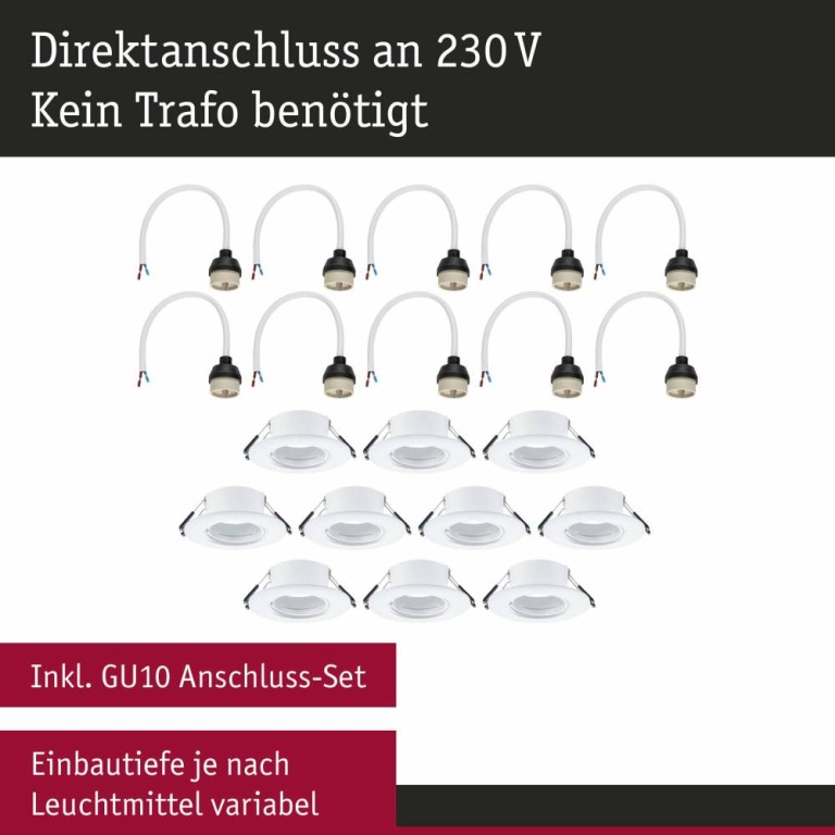 Paulmann Einbauleuchte 10er-Pack starr rund Weiß 90mm GU10 max. 10x10W 230V dimmbar