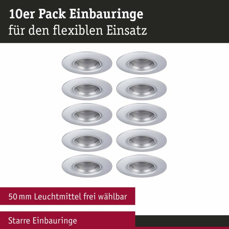 Paulmann Einbauleuchte 10er-Pack starr rund Chrom matt 90mm GU10 max. 10x10W 230V dimmbar