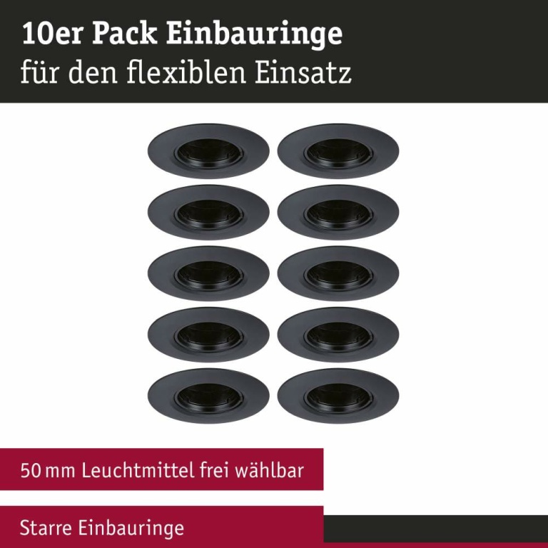 Paulmann Einbauleuchte 10er-Pack starr rund Schwarz 90mm GU10 max. 10x10W 230V dimmbar