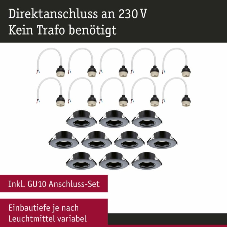 Paulmann Einbauleuchte 10er-Pack starr rund Schwarz 90mm GU10 max. 10x10W 230V dimmbar