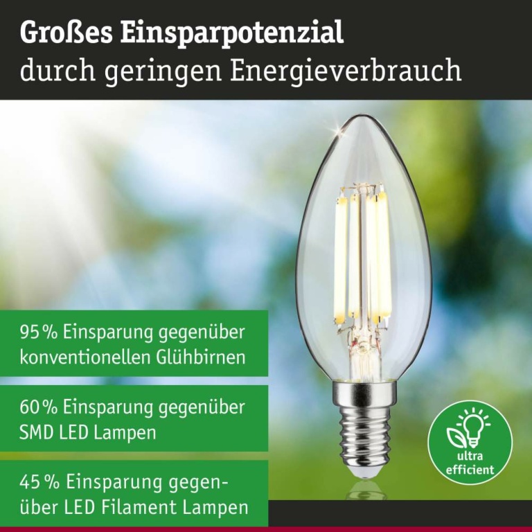 Paulmann Eco-Line Filament 230V LED Kerze E14 1er-Set  98mm 525lm 2,5W 3000K  Klar