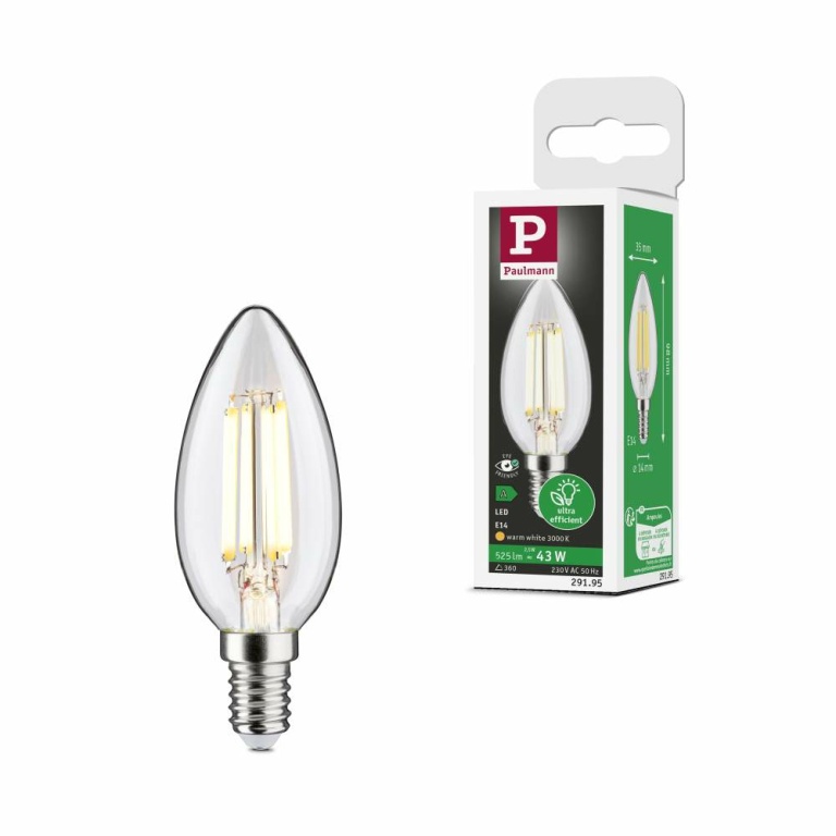 Paulmann Eco-Line Filament 230V LED Kerze E14 1er-Set  98mm 525lm 2,5W 3000K  Klar