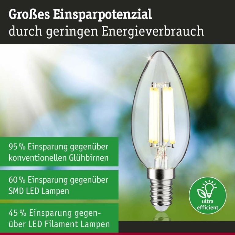 Paulmann Eco-Line Filament 230V LED Kerze E14 1er-Set  98mm 525lm 2,5W 4000K  Klar