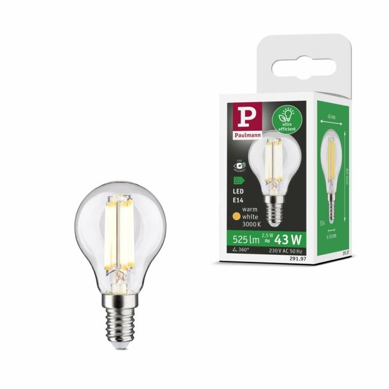 Paulmann Eco-Line Filament 230V LED Tropfen E14 1er-Set  82mm 525lm 2,5W 3000K  Klar