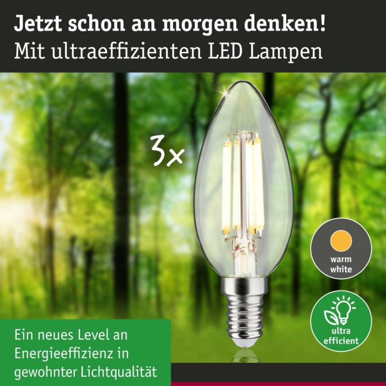 Paulmann Eco-Line Filament 230V LED Kerze E14 3er-Pack  98mm 525lm 2,5W 3000K  Klar