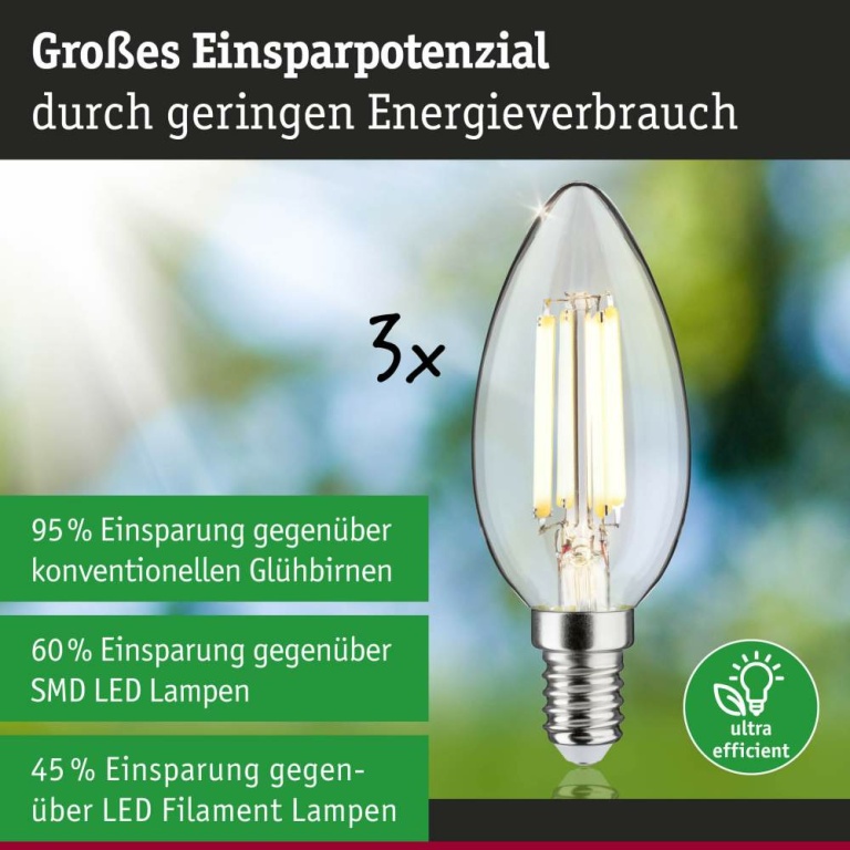 Paulmann Eco-Line Filament 230V LED Kerze E14 3er-Pack  98mm 525lm 2,5W 3000K  Klar