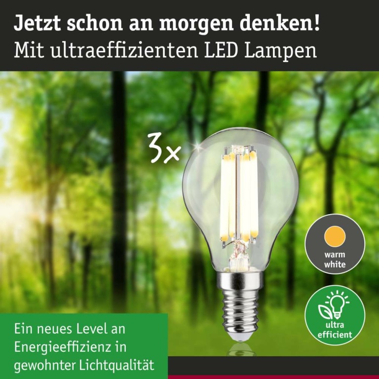 Paulmann Eco-Line Filament 230V LED Tropfen E14 3er-Pack  82mm 525lm 2,5W 3000K  Klar