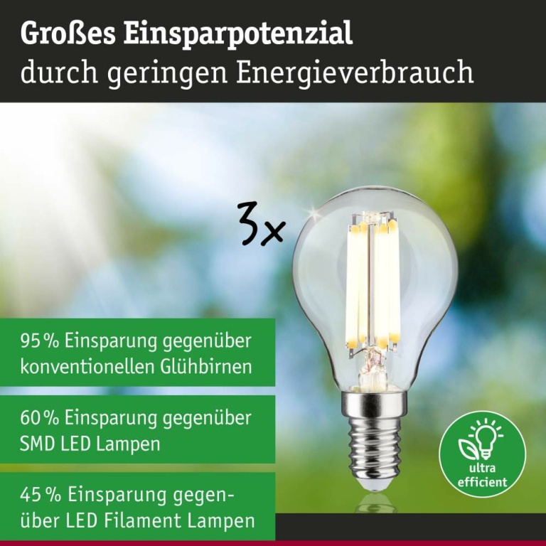 Paulmann Eco-Line Filament 230V LED Tropfen E14 3er-Pack  82mm 525lm 2,5W 3000K  Klar