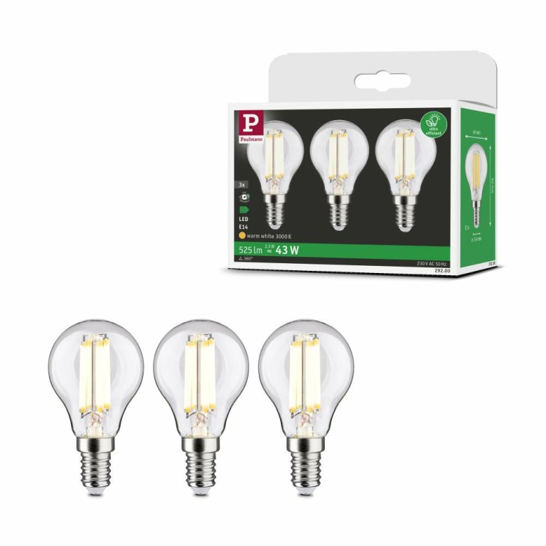 Paulmann Eco-Line Filament 230V LED Tropfen E14 3er-Pack  82mm 525lm 2,5W 3000K  Klar