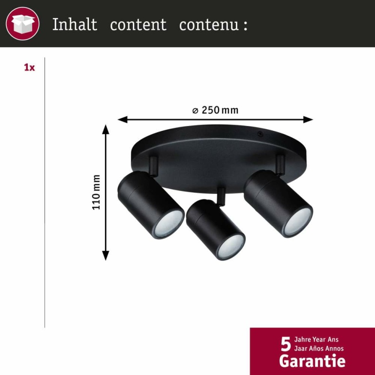 Paulmann Spotlight Zyli  IP44 GU10   230V max. 3x10W dimmbar Schwarz matt