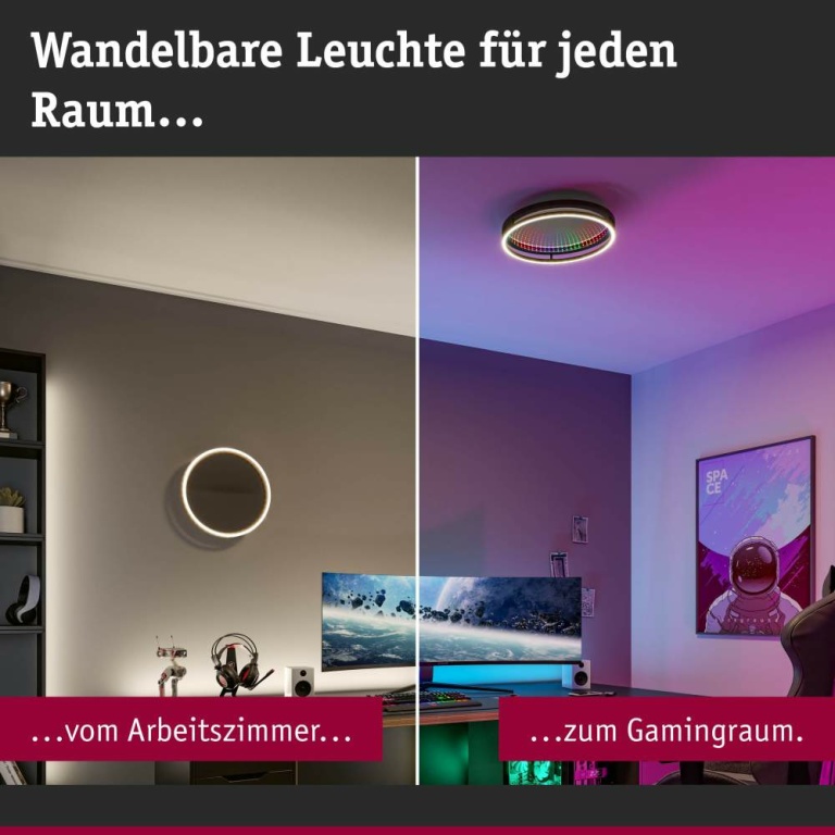 Paulmann LED Wand-/Deckenleuchte Spaceglow One Gaminglicht Partylicht RGB+ 2000lm 230V 34,5W dimmbar Schwarz matt