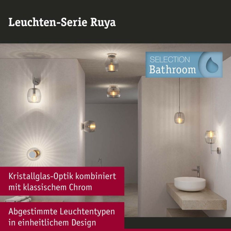 Paulmann Selection Bathroom Wandleuchte Ruya Glas/Chrom IP44 E14 max. 20W dimmbar 230V