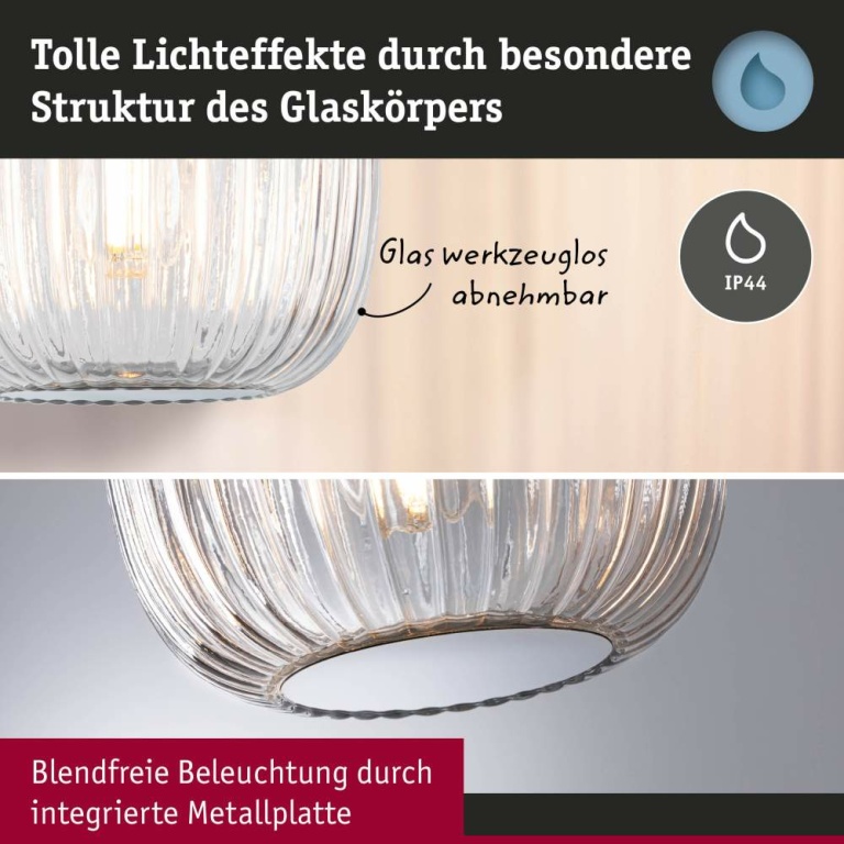 Paulmann LED Pendelleuchte Ruya Glas/Chrom IP44 E14 max. 20W Pendellänge kürzbar