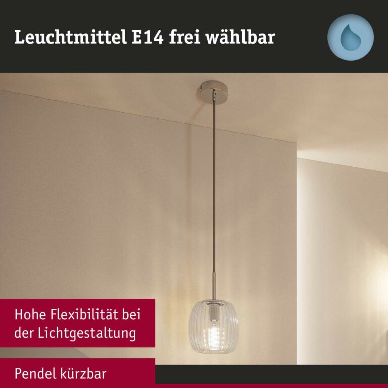 Paulmann LED Pendelleuchte Ruya Glas/Chrom IP44 E14 max. 20W Pendellänge kürzbar