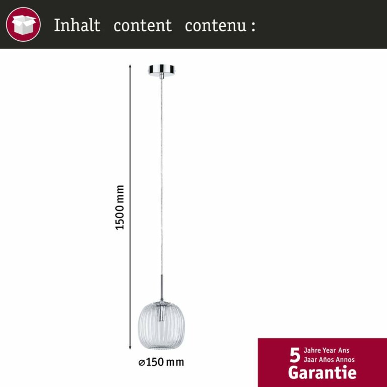 Paulmann LED Pendelleuchte Ruya Glas/Chrom IP44 E14 max. 20W Pendellänge kürzbar