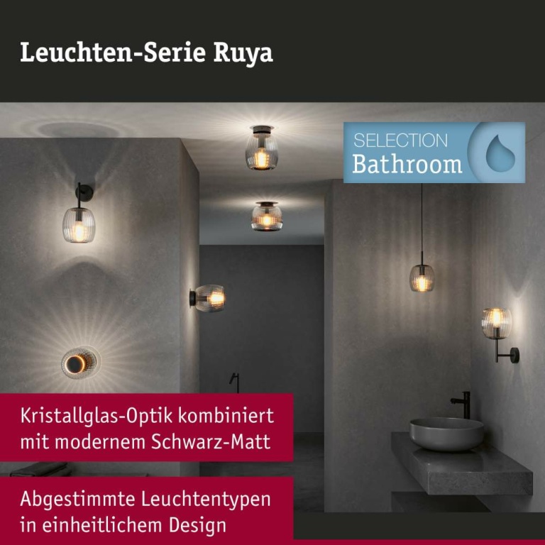 Paulmann Selection Bathroom Wandleuchte Ruya Glas/Schwarz matt IP44 E14 max. 20W dimmbar 230V