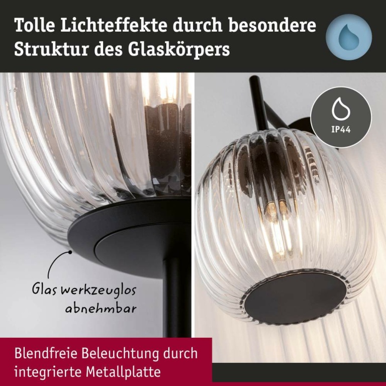 Paulmann Selection Bathroom Wandleuchte Ruya Glas/Schwarz matt IP44 E14 max. 20W dimmbar 230V