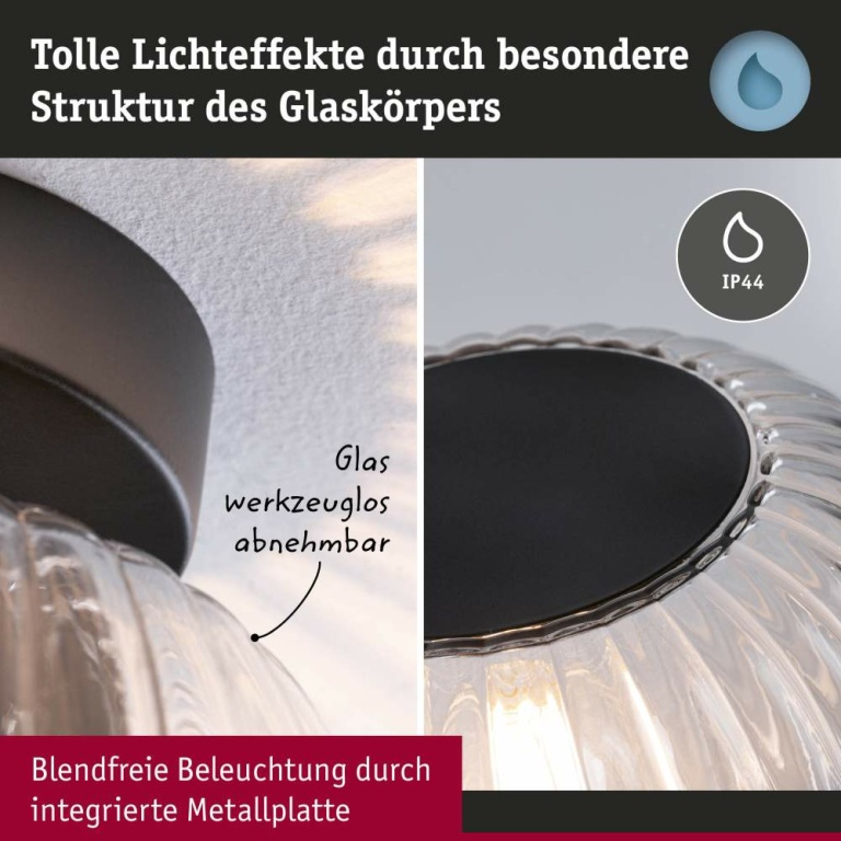 Paulmann LED Deckenleuchte Ruya Glas/Schwarz matt IP44 E14 max. 20W dimmbar 230V