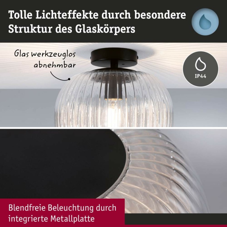 Paulmann LED Deckenleuchte Ruya Glas/Schwarz matt IP44 E27 max. 60W dimmbar 230V