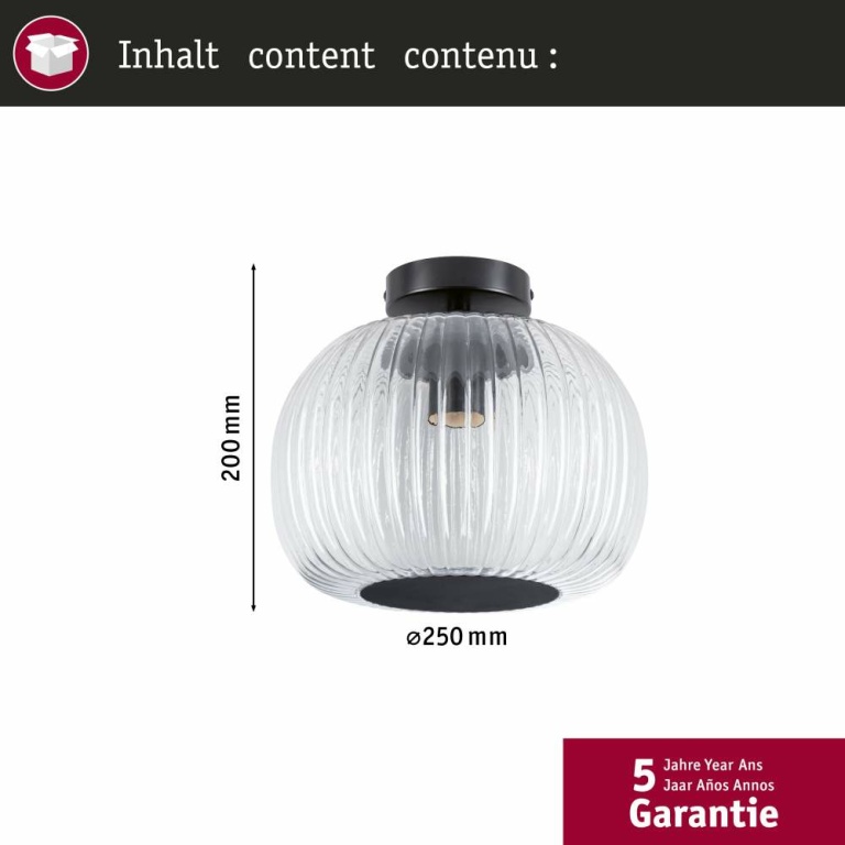 Paulmann LED Deckenleuchte Ruya Glas/Schwarz matt IP44 E27 max. 60W dimmbar 230V