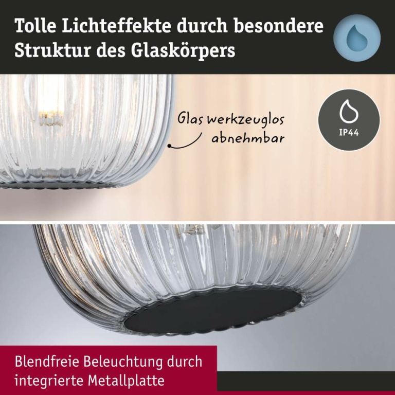 Paulmann LED Pendelleuchte Ruya Glas/Schwarz matt IP44 E14 max. 20W Pendellänge kürzbar