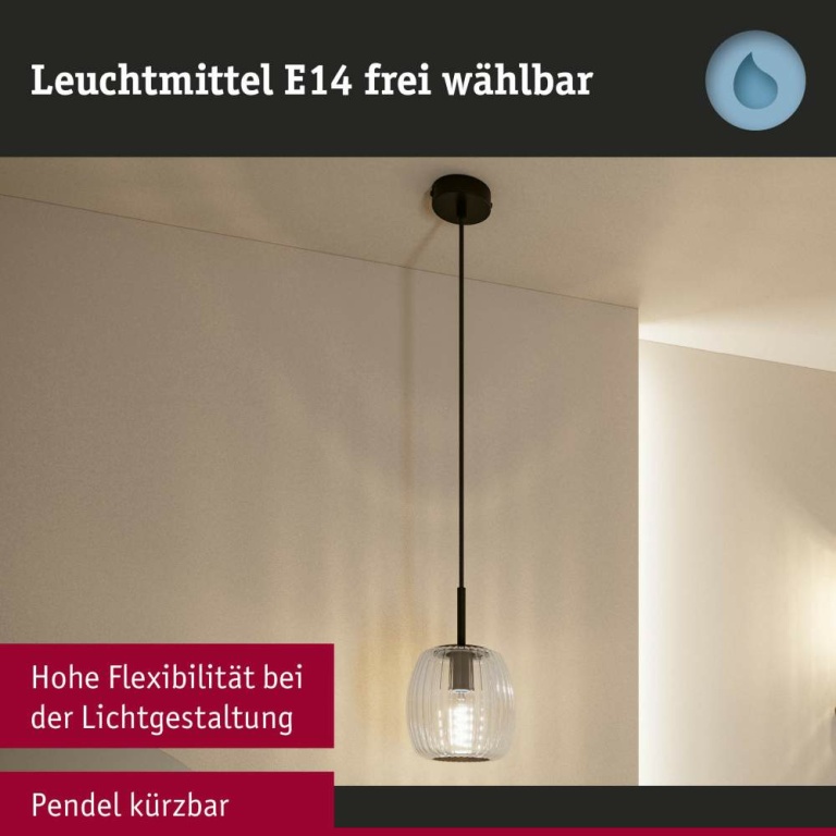 Paulmann LED Pendelleuchte Ruya Glas/Schwarz matt IP44 E14 max. 20W Pendellänge kürzbar