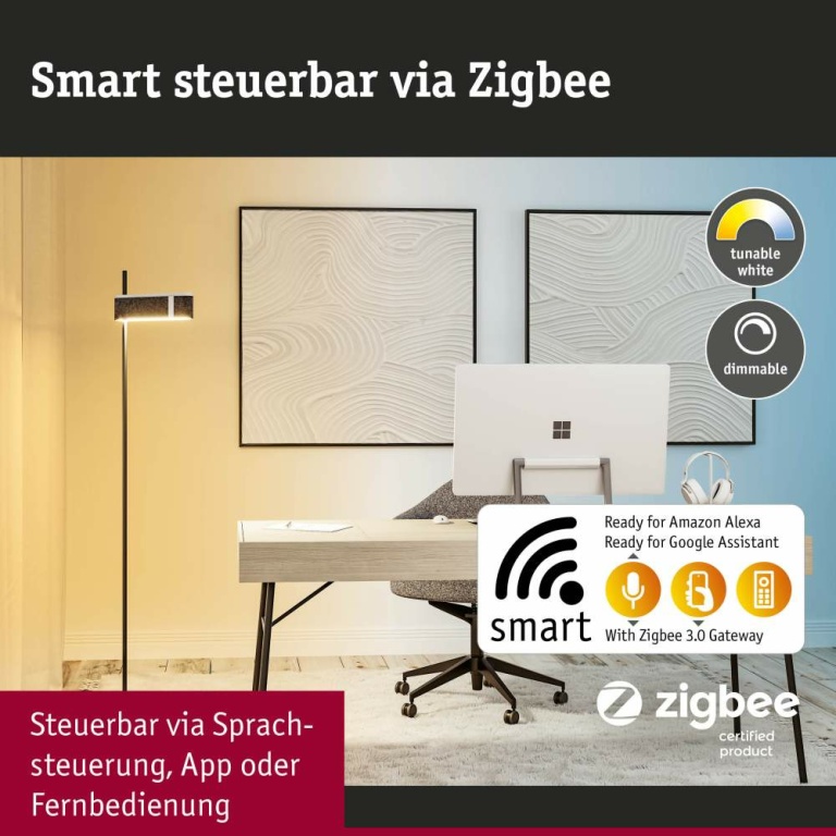 Paulmann Smarte LED Stehleuchte Jagun aus Filz in Anthrazit 1250lm Smart Home Zigbee Tunable-White-Steuerung dimmbar 230V