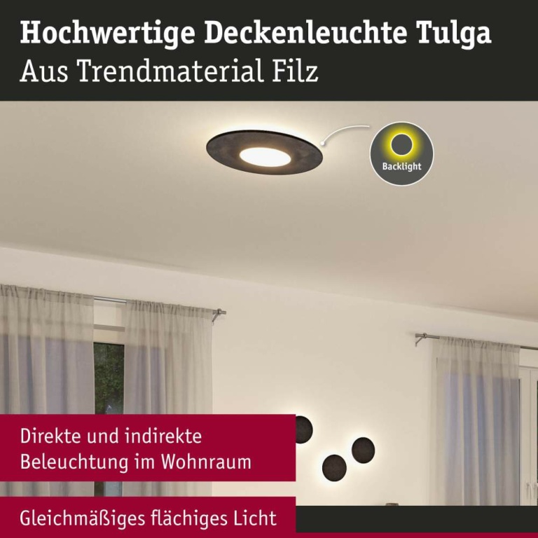 Paulmann Zigbee LED-Deckenleuchte Tulga aus Filz in Anthrazit mit Backlight Technik Smart Home Tunable-White-Steuerung dimmbar 230V