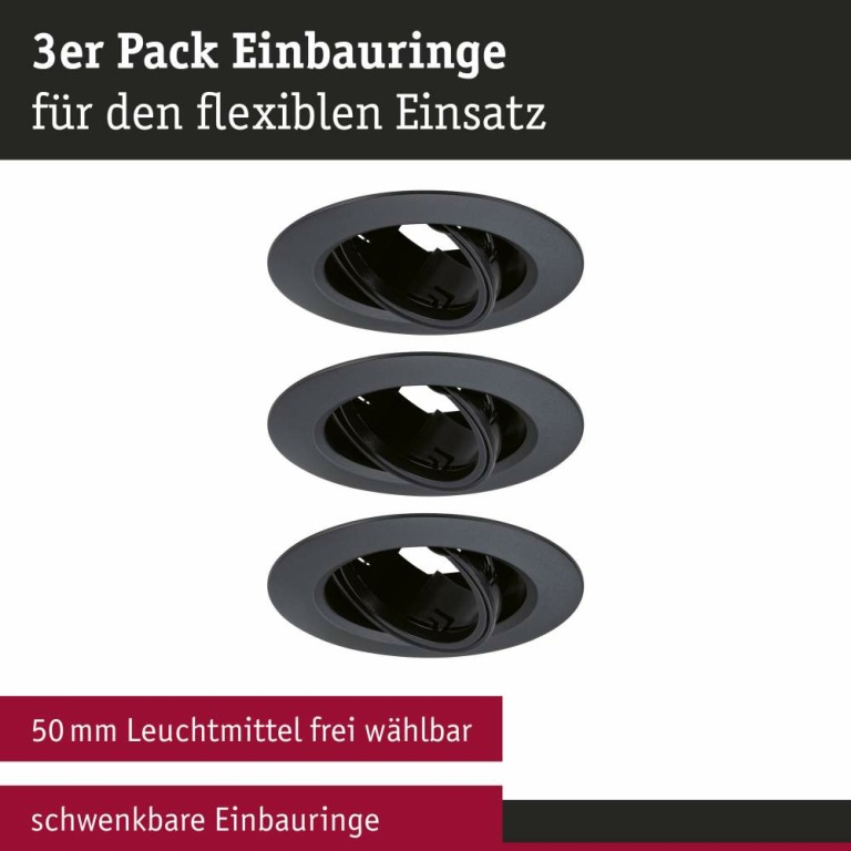 Paulmann Einbauleuchte 3er-Pack schwenkbar  rund 90mm 30° GU10 max. 3x10W  230V dimmbar  Schwarz