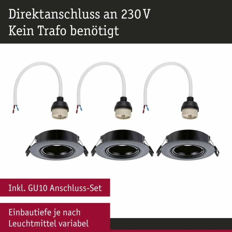 Paulmann Einbauleuchte 3er-Pack schwenkbar  rund 90mm 30° GU10 max. 3x10W  230V dimmbar  Schwarz