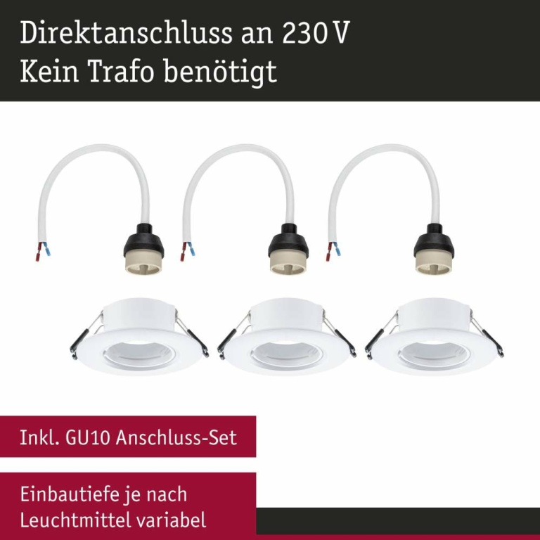 Paulmann Einbauleuchte 3er-Pack starr  rund 90mm  GU10 max. 3x10W  230V dimmbar  Weiß